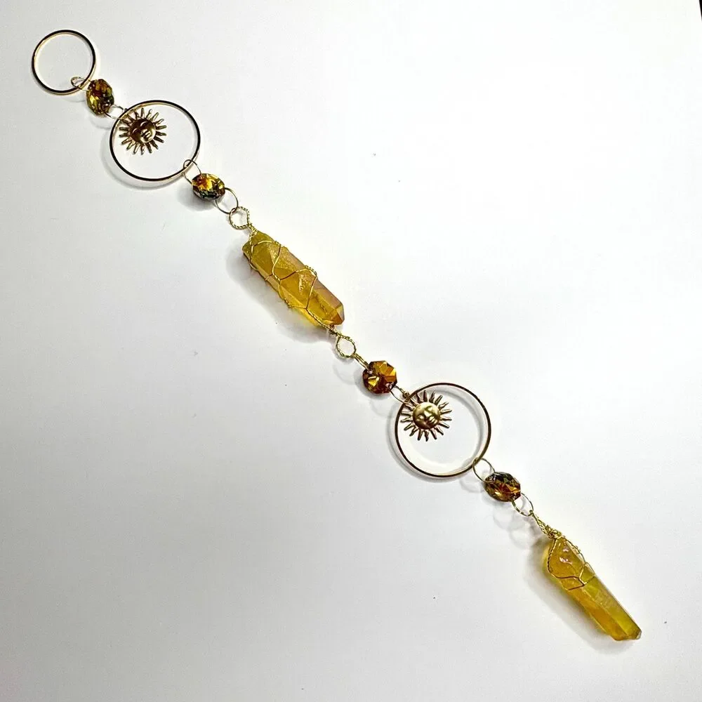 Yellow Aura Quartz Wall Hanging Gold Sun face Circle Frame  Amber Crystal Beads
